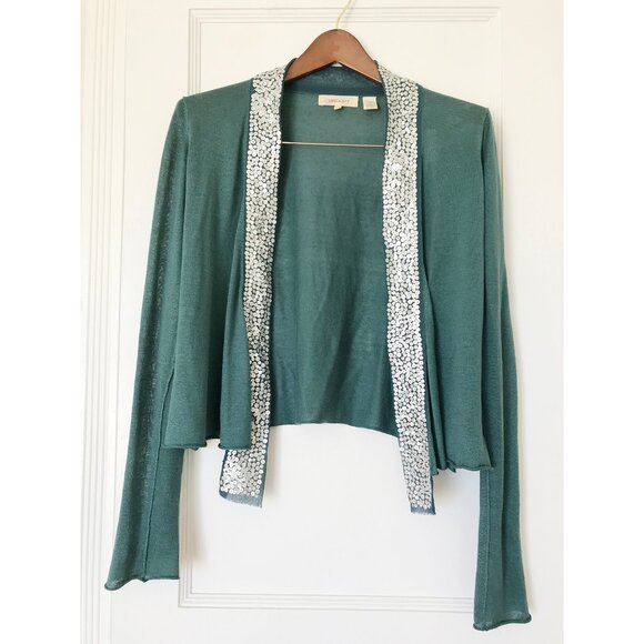 Inhabit Green Linen Silk Cardigan Silver Sequin Scarf Open Front Small - Picture 1 of 5